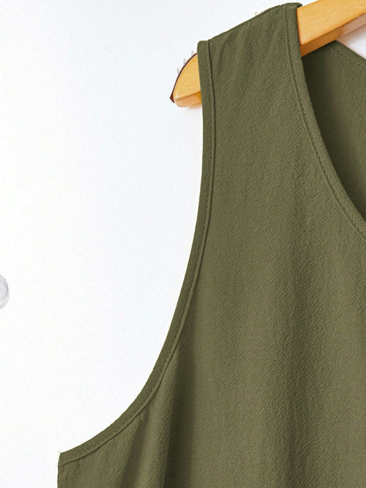Shein Vestido de corte A hasta la rodilla, sin mangas, con bolsillos, bajo fruncido y estilo campestre - Quierox - Tienda Online