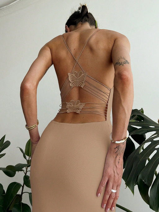 SHEIN Vestido de malla ajustado sin espalda color rosa liso para mujer de Aloruh, ideal para citas románticas - Quierox - Tienda Online