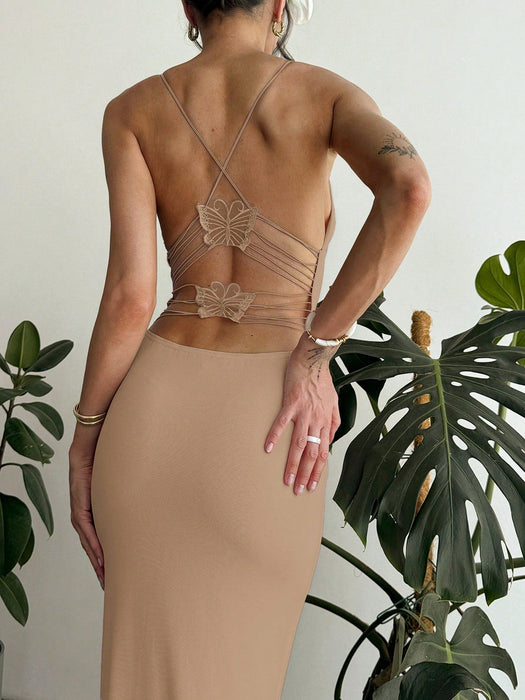SHEIN Vestido de malla ajustado sin espalda color rosa liso para mujer de Aloruh, ideal para citas románticas - Quierox - Tienda Online
