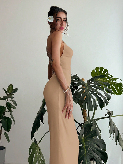 SHEIN Vestido de malla ajustado sin espalda color rosa liso para mujer de Aloruh, ideal para citas románticas - Quierox - Tienda Online