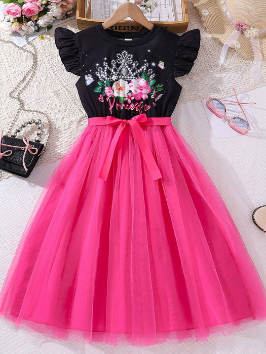 SHEIN Vestido de malla con borde de volantes y dobladillo de tul con estampado de corona y flores para niña - Quierox - Tienda Online