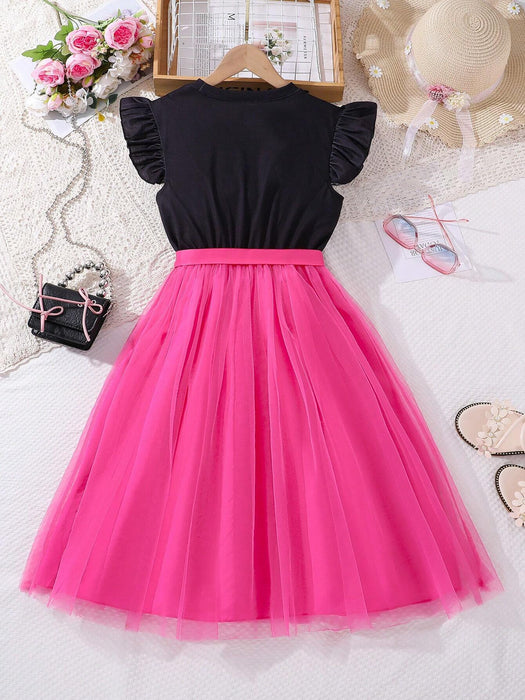 SHEIN Vestido de malla con borde de volantes y dobladillo de tul con estampado de corona y flores para niña - Quierox - Tienda Online