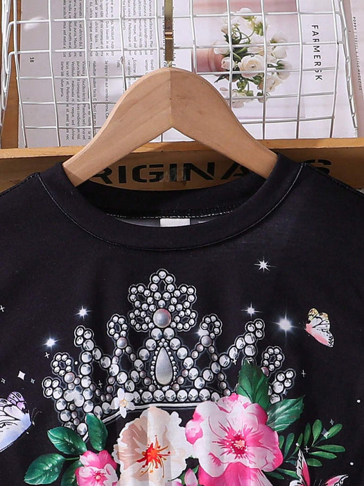 SHEIN Vestido de malla con borde de volantes y dobladillo de tul con estampado de corona y flores para niña - Quierox - Tienda Online