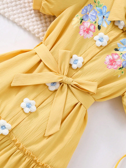 SHEIN Vestido de niña con estampado floral, con mangas abullonadas, con cinturón. - Quierox - Tienda Online