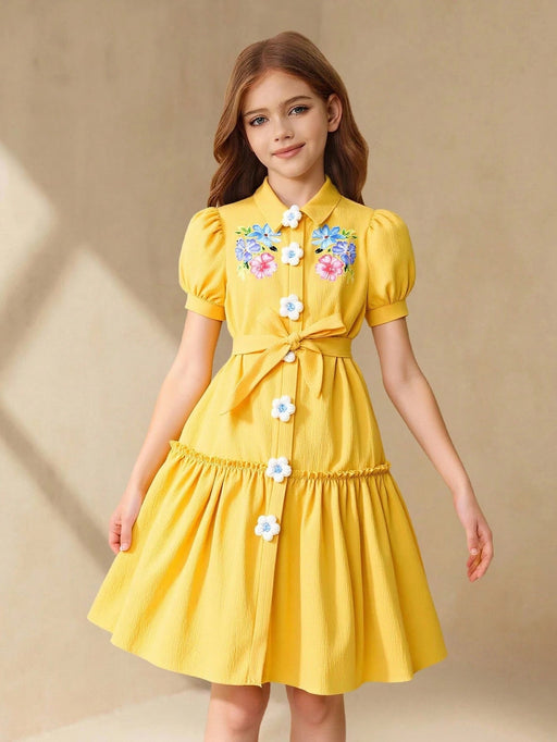 SHEIN Vestido de niña con estampado floral, con mangas abullonadas, con cinturón. - Quierox - Tienda Online