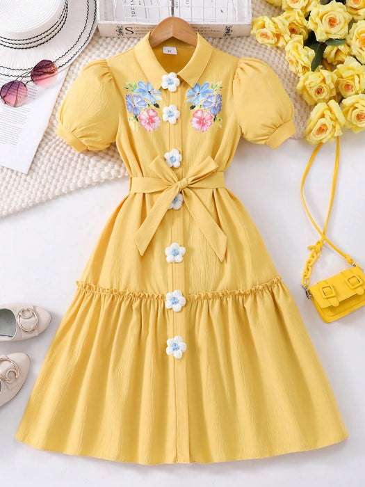 SHEIN Vestido de niña con estampado floral, con mangas abullonadas, con cinturón. - Quierox - Tienda Online