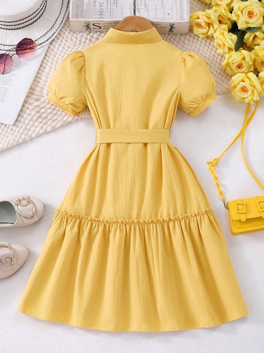 SHEIN Vestido de niña con estampado floral, con mangas abullonadas, con cinturón. - Quierox - Tienda Online