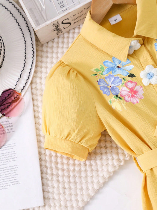 SHEIN Vestido de niña con estampado floral, con mangas abullonadas, con cinturón. - Quierox - Tienda Online