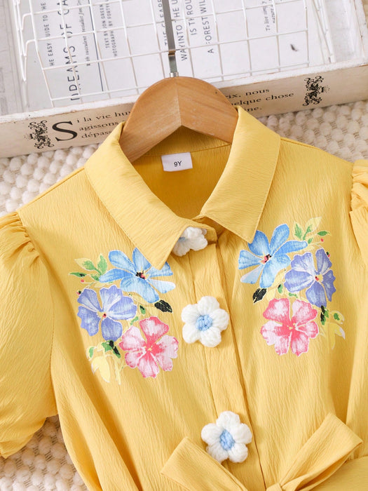 SHEIN Vestido de niña con estampado floral, con mangas abullonadas, con cinturón. - Quierox - Tienda Online