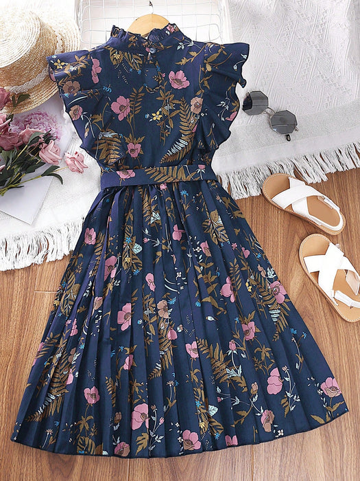 SHEIN Vestido de niña con estampado floral, volantes, bajo plisado y cinturón - Quierox - Tienda Online