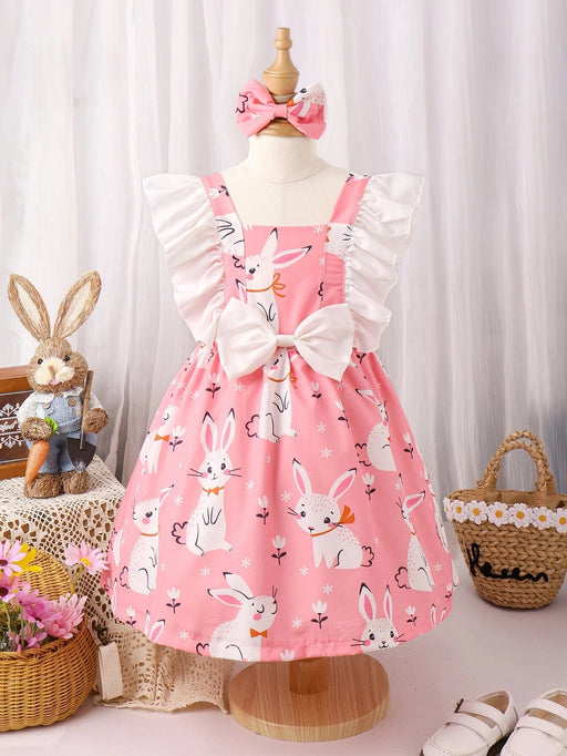 Shein Vestido de niñitas con estampado de conejo y ribete de volante con lazo delantero - Quierox - Tienda Online
