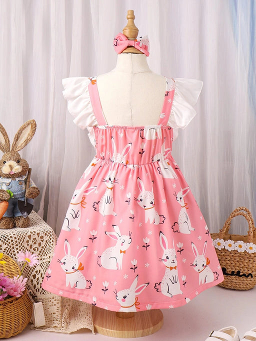 Shein Vestido de niñitas con estampado de conejo y ribete de volante con lazo delantero - Quierox - Tienda Online