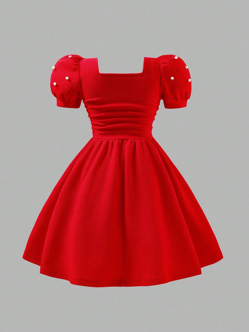 SHEIN Vestido de punto con cuello cuadrado, mangas abultadas y cuentas - Quierox - Tienda Online