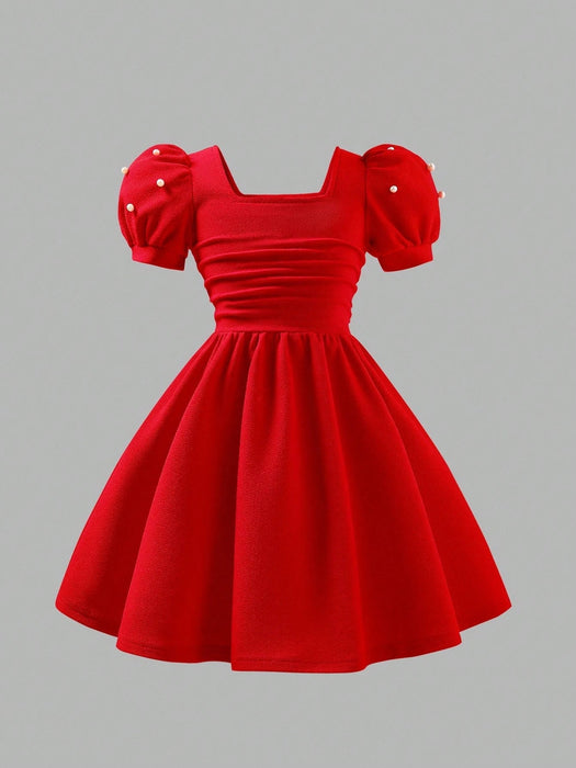 SHEIN Vestido de punto con cuello cuadrado, mangas abultadas y cuentas - Quierox - Tienda Online