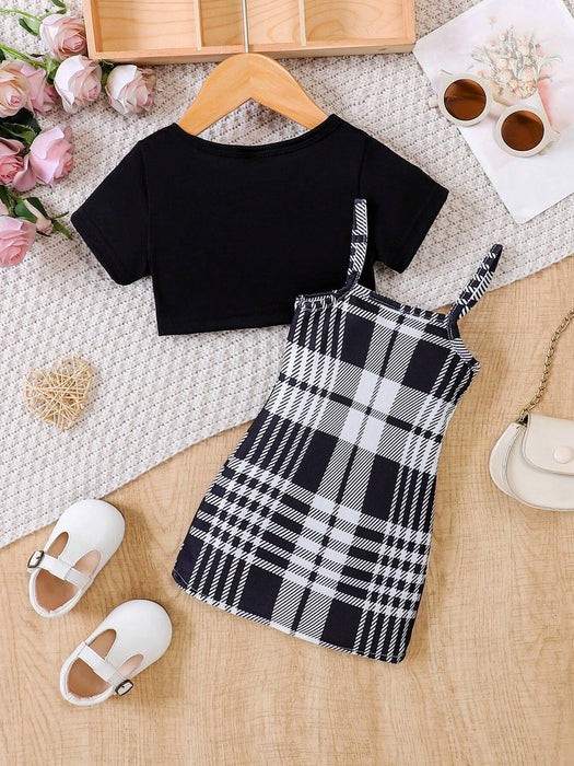 Shein Vestido de tirantes con estampado de cuadros y camiseta con letras para niña - Quierox - Tienda Online