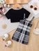 Shein Vestido de tirantes con estampado de cuadros y camiseta con letras para niña - Quierox - Tienda Online