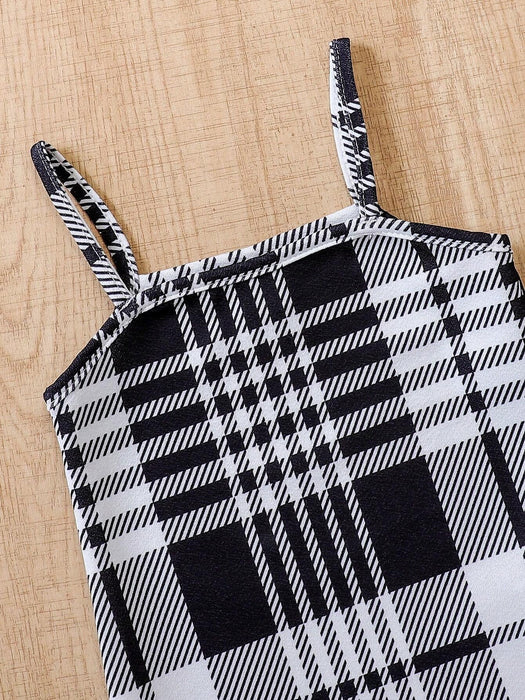 Shein Vestido de tirantes con estampado de cuadros y camiseta con letras para niña - Quierox - Tienda Online