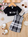 Shein Vestido de tirantes con estampado de cuadros y camiseta con letras para niña - Quierox - Tienda Online