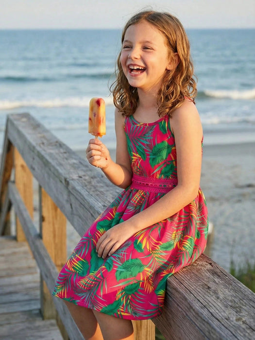 SHEIN Vestido de tirantes con estampado tropical y encaje en contraste para niña - Quierox - Tienda Online