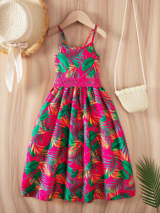 SHEIN Vestido de tirantes con estampado tropical y encaje en contraste para niña - Quierox - Tienda Online