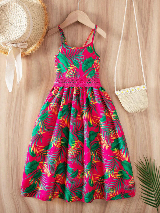SHEIN Vestido de tirantes con estampado tropical y encaje en contraste para niña - Quierox - Tienda Online