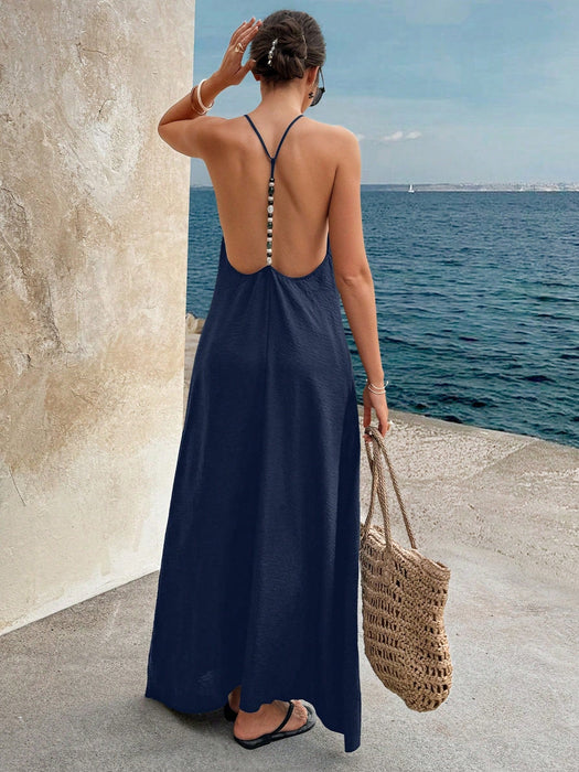 Shein Vestido de tirantes de mujer Doriss con cuentas y espalda descubierta, color liso para vacaciones - Quierox - Tienda Online