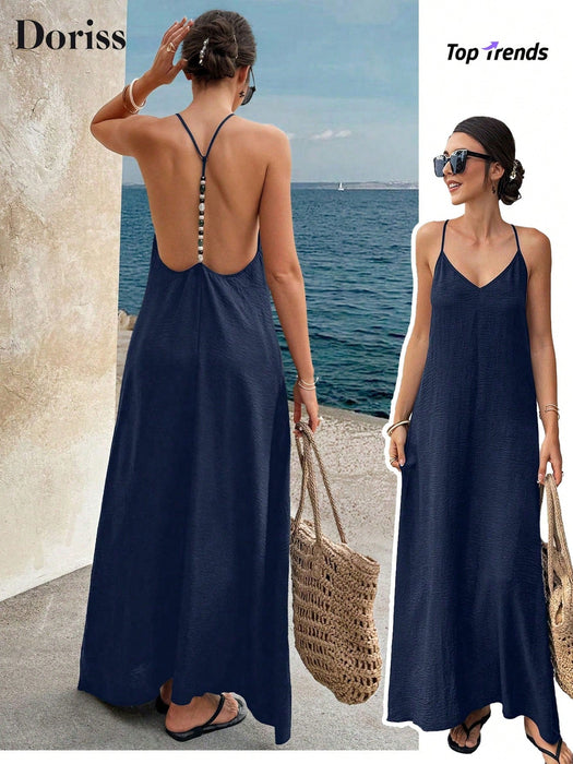 Shein Vestido de tirantes de mujer Doriss con cuentas y espalda descubierta, color liso para vacaciones - Quierox - Tienda Online