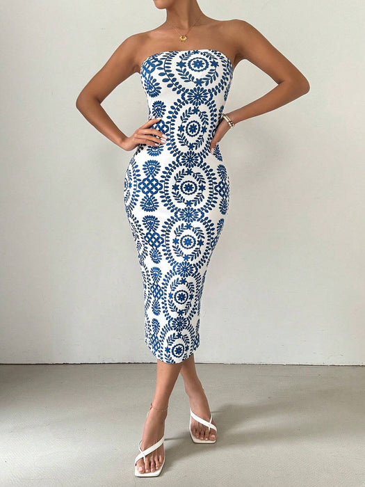 SHEIN Vestido De Verano Con Estampado Casual Y Ajustado Al Cuerpo Sin Tirantes - Quierox - Tienda Online