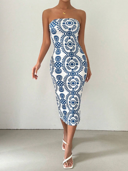 SHEIN Vestido De Verano Con Estampado Casual Y Ajustado Al Cuerpo Sin Tirantes - Quierox - Tienda Online