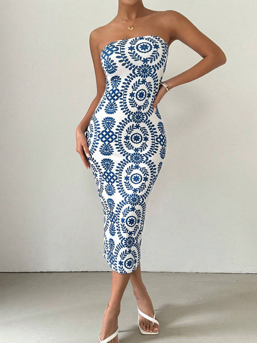 SHEIN Vestido De Verano Con Estampado Casual Y Ajustado Al Cuerpo Sin Tirantes - Quierox - Tienda Online