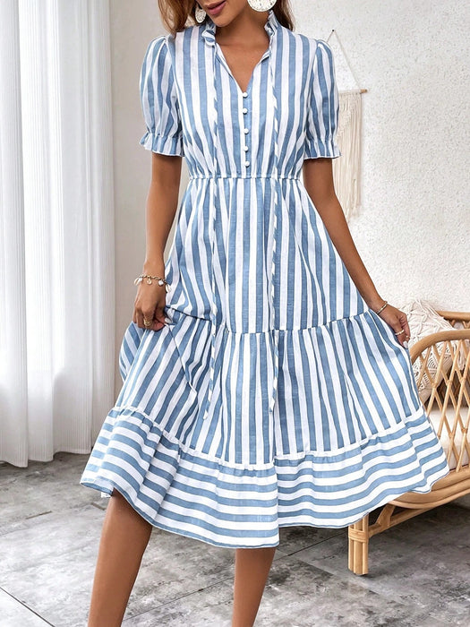 SHEIN Vestido de volantes con cuello anudado y estampado de rayas - Quierox - Tienda Online