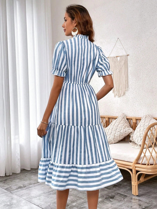 SHEIN Vestido de volantes con cuello anudado y estampado de rayas - Quierox - Tienda Online