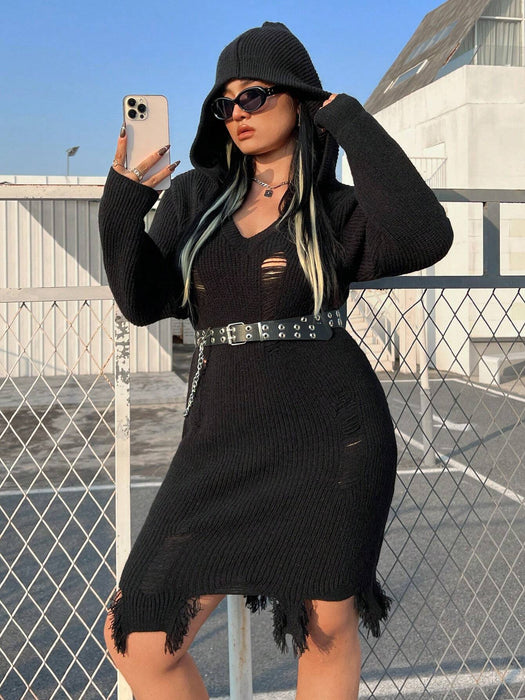 Shein Vestido estilo suéter con capucha y efecto desgastado - Quierox - Tienda Online