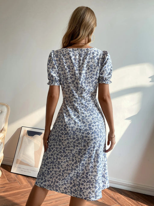 SHEIN Vestido floral pequeño con cuello cuadrado y mangas abullonadas - Quierox - Tienda Online