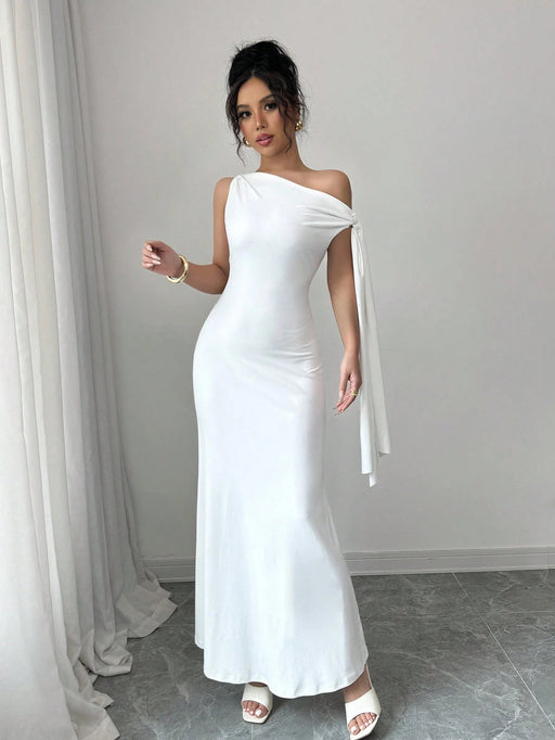 SHEIN Vestido largo asimétrico sin mangas con detalle de nudo frontal y cola de pez de color liso para mujer - Quierox - Tienda Online