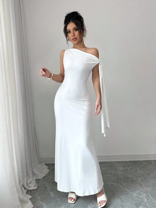 SHEIN Vestido largo asimétrico sin mangas con detalle de nudo frontal y cola de pez de color liso para mujer - Quierox - Tienda Online