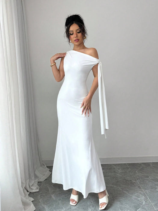 SHEIN Vestido largo asimétrico sin mangas con detalle de nudo frontal y cola de pez de color liso para mujer - Quierox - Tienda Online