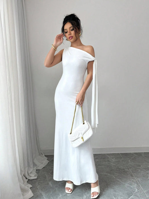 SHEIN Vestido largo asimétrico sin mangas con detalle de nudo frontal y cola de pez de color liso para mujer - Quierox - Tienda Online