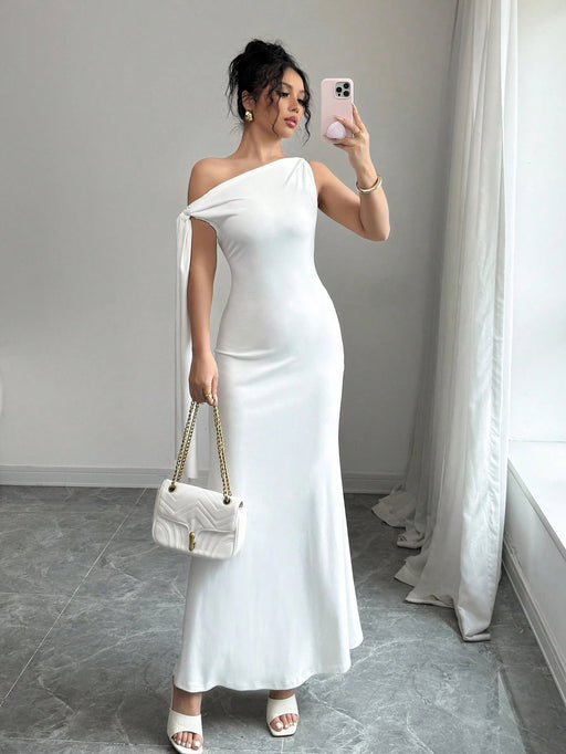 SHEIN Vestido largo asimétrico sin mangas con detalle de nudo frontal y cola de pez de color liso para mujer - Quierox - Tienda Online