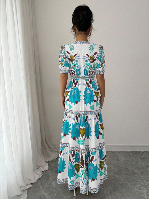 Shein Vestido largo de mujer Elenzga con estampado floral, escote en V y mangas abullonadas - Quierox - Tienda Online