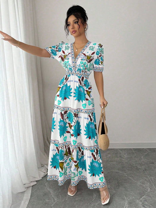 Shein Vestido largo de mujer Elenzga con estampado floral, escote en V y mangas abullonadas - Quierox - Tienda Online