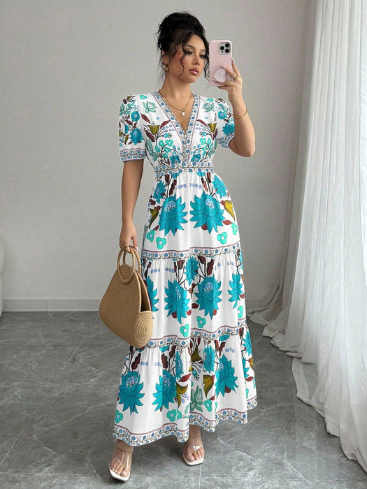 Shein Vestido largo de mujer Elenzga con estampado floral, escote en V y mangas abullonadas - Quierox - Tienda Online