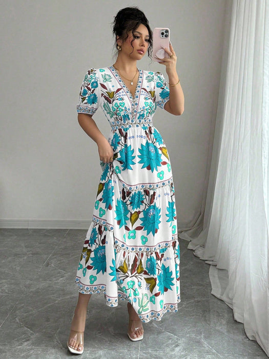 Shein Vestido largo de mujer Elenzga con estampado floral, escote en V y mangas abullonadas - Quierox - Tienda Online