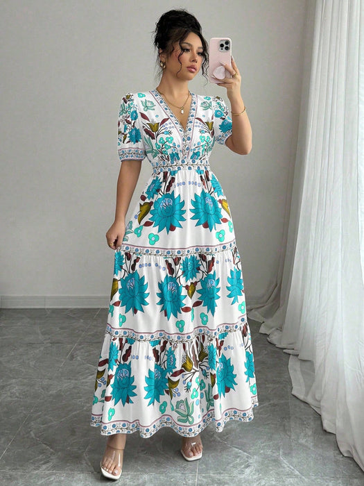 Shein Vestido largo de mujer Elenzga con estampado floral, escote en V y mangas abullonadas - Quierox - Tienda Online
