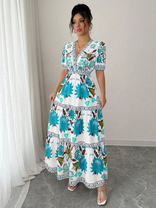 Shein Vestido largo de mujer Elenzga con estampado floral, escote en V y mangas abullonadas - Quierox - Tienda Online