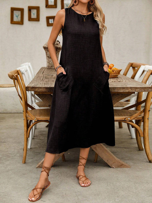 Shein Vestido largo informal de color liso con bolsillos oblicuos para mujer de Breezaya - Quierox - Tienda Online