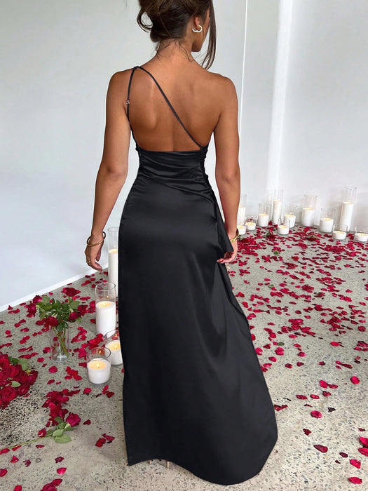 Shein Vestido largo plisado de satén de seda de color liso para mujer, con un solo hombro - Quierox - Tienda Online