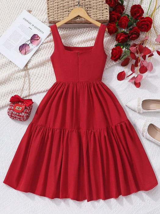 SHEIN Vestido lencero rojo para preadolescentes con diseño de lazo, silueta en línea A - Quierox - Tienda Online