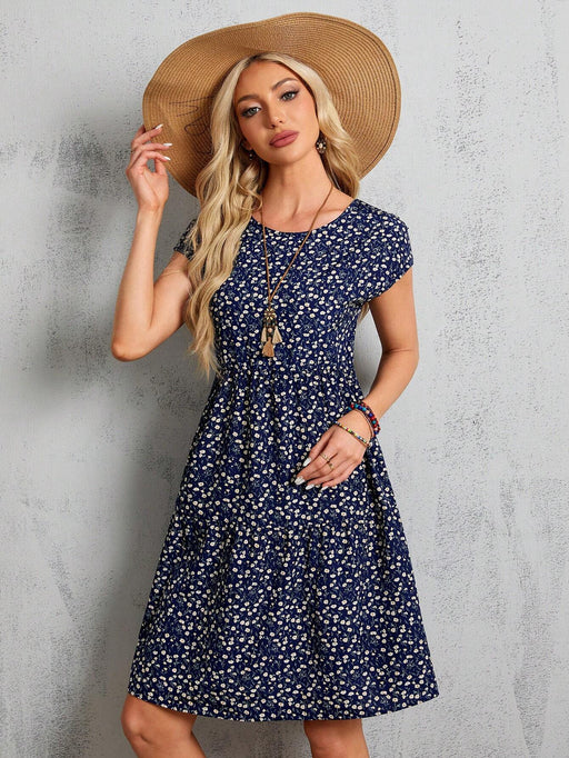 SHEIN Vestido midi azul de manga corta con estampado floral para mujer - Quierox - Tienda Online
