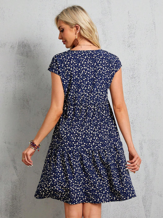 SHEIN Vestido midi azul de manga corta con estampado floral para mujer - Quierox - Tienda Online